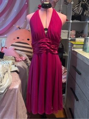 Halter Ruched Waist A-Line Dress in Fuchsia